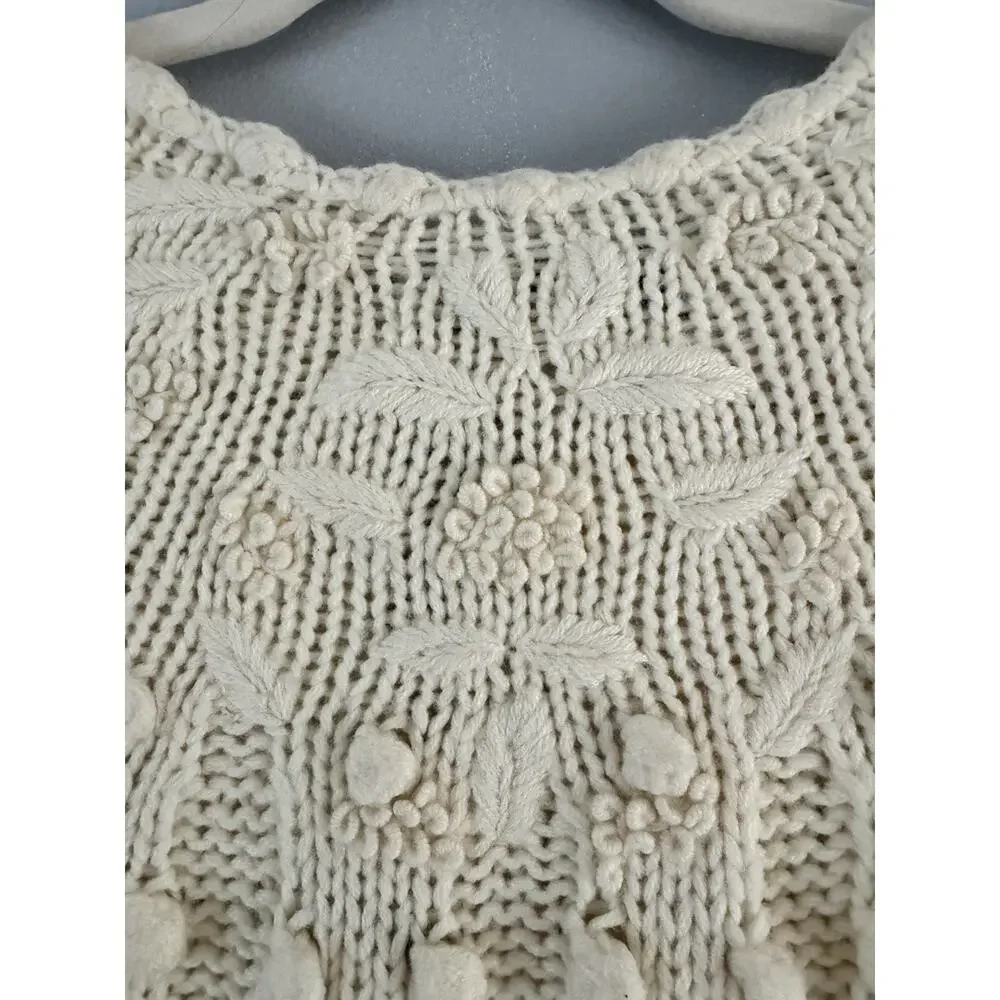 Hunter Bell Cream Pom Pom Chunky Knit Cardigan Sweater Women’s Size Large Wool - Picture 4 of 6